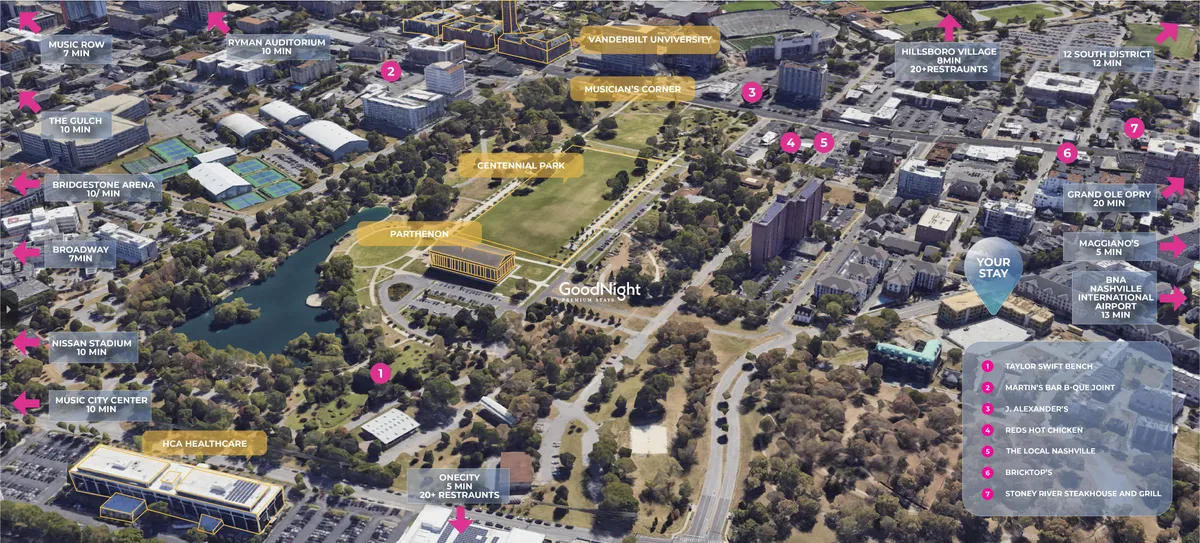 A panoramic city view featuring Centennial Park, Vanderbilt University, and Music Row, bustling with activity and bathed in natural daylight. The lively urban landscape reflects both professional and cultural hotspots, ideal for business travelers seeking convenience and vibrancy close to major districts.