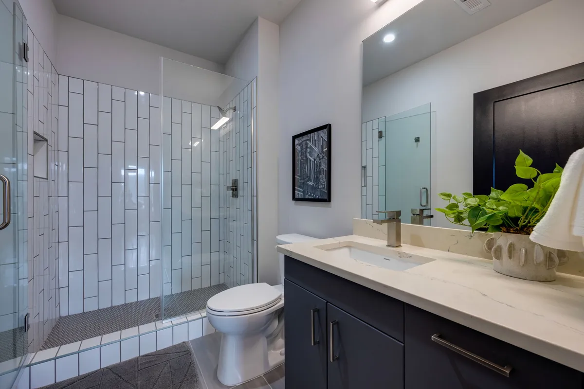A modern bathroom highlighted by a sleek shower area, a stylish vanity, and a touch of greenery. The design feels bright, tranquil, and inviting, ideal for relaxation and self-care.
