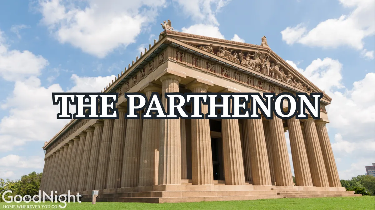 A dramatic exterior view of Nashville's Parthenon, showcasing its towering columns and intricate pediment sculptures set within a lush park. The scene invites exploration, history, and culture, echoing the draw of nearby Centennial Park.