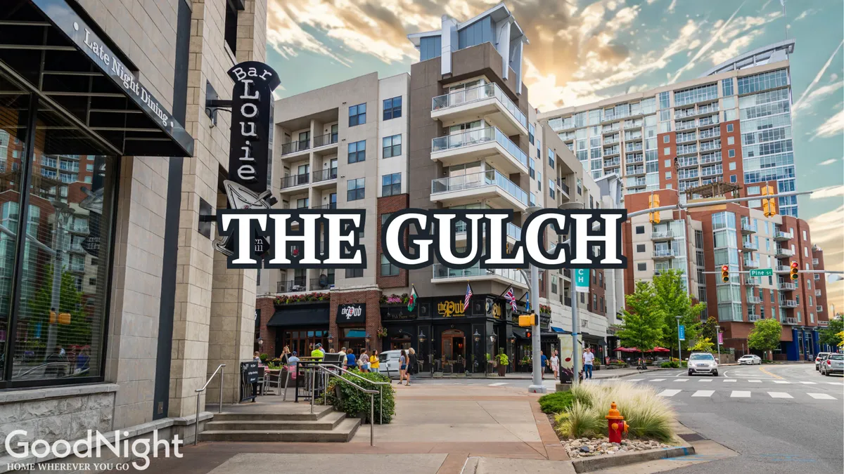 The lively streetscape features Bar Louie, modern apartment buildings, and bustling pedestrian activity. This highlights walkable dining and entertainment options, echoing the section’s mention of group brunches, nightlife, and Midtown exploration.